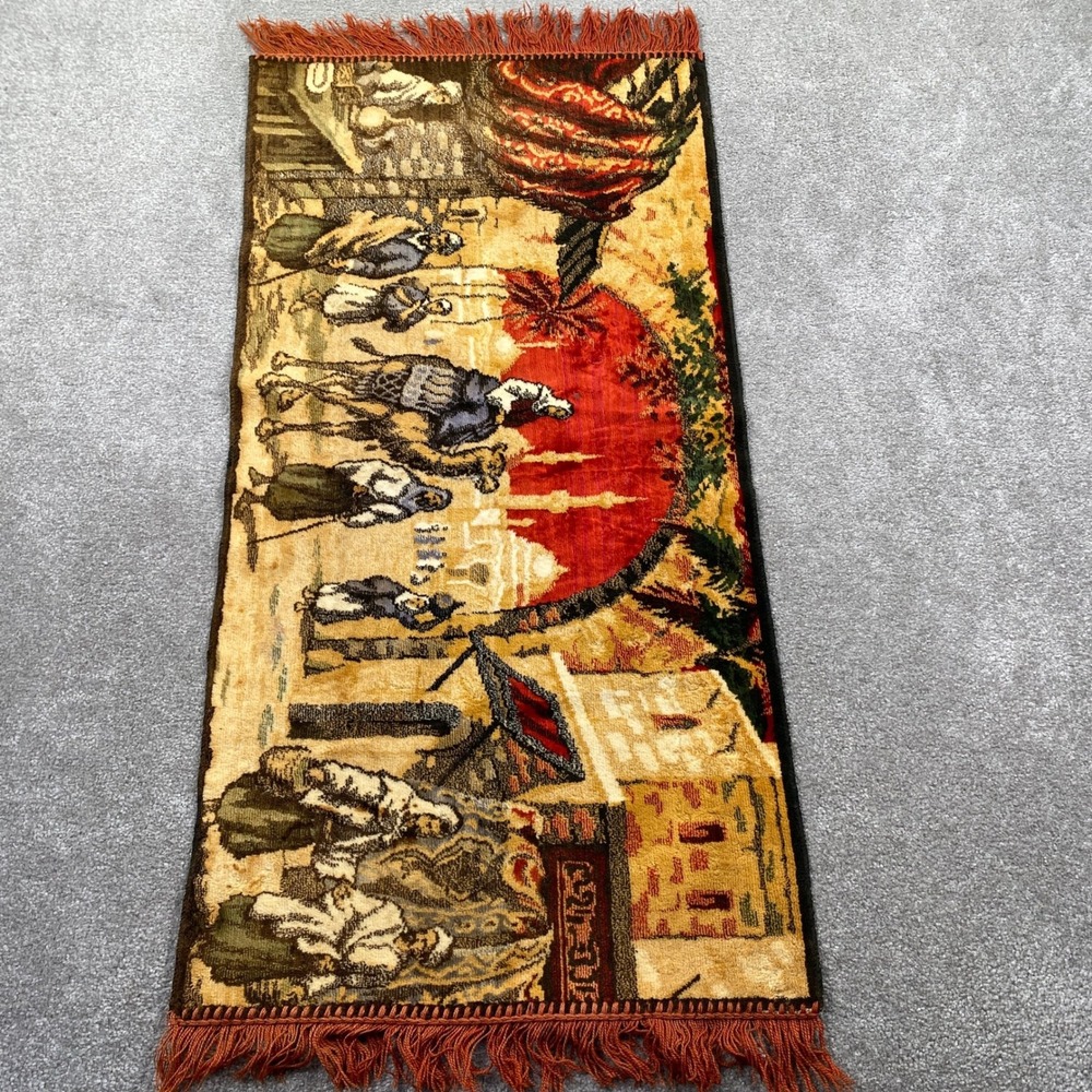 Vintage Tapestry‎ Prayer Rug Scene Figures Fringe Orange Textile Art